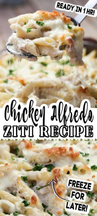 A close up of food, with Chicken and Pasta with text