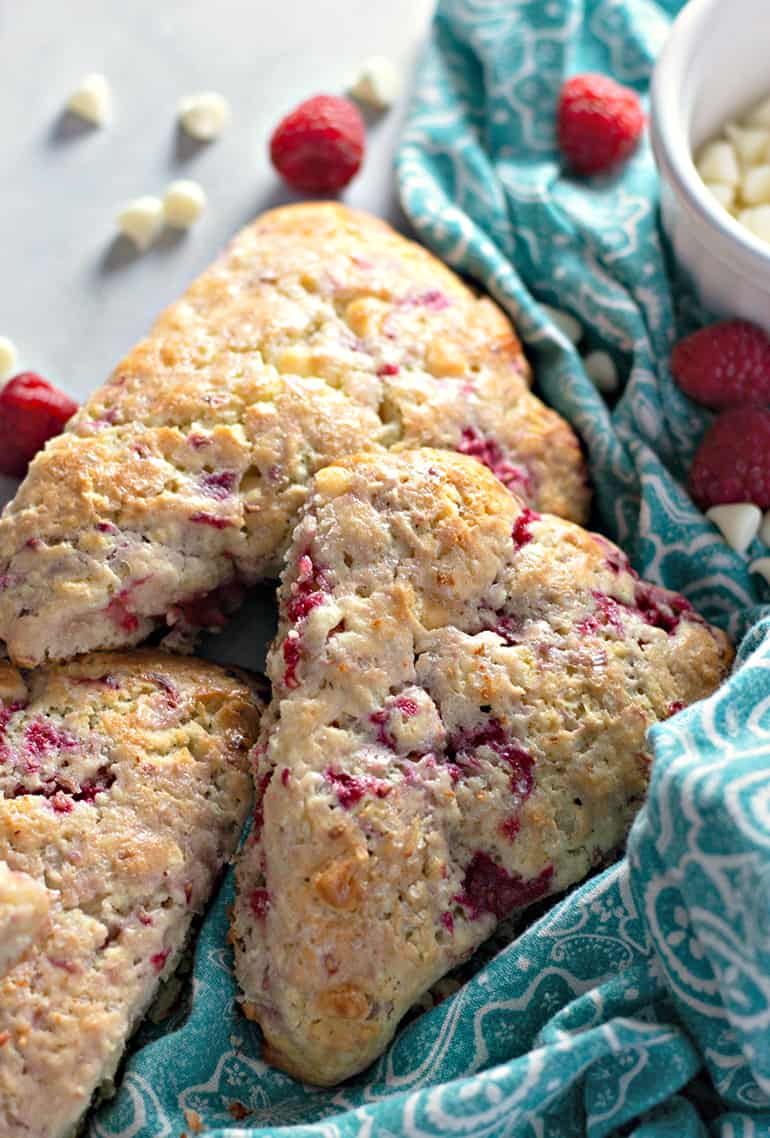 A close up of food, with Raspberry White Chocolate Scones