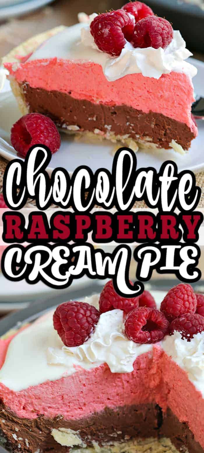 a slice of raspberry cream pie with text