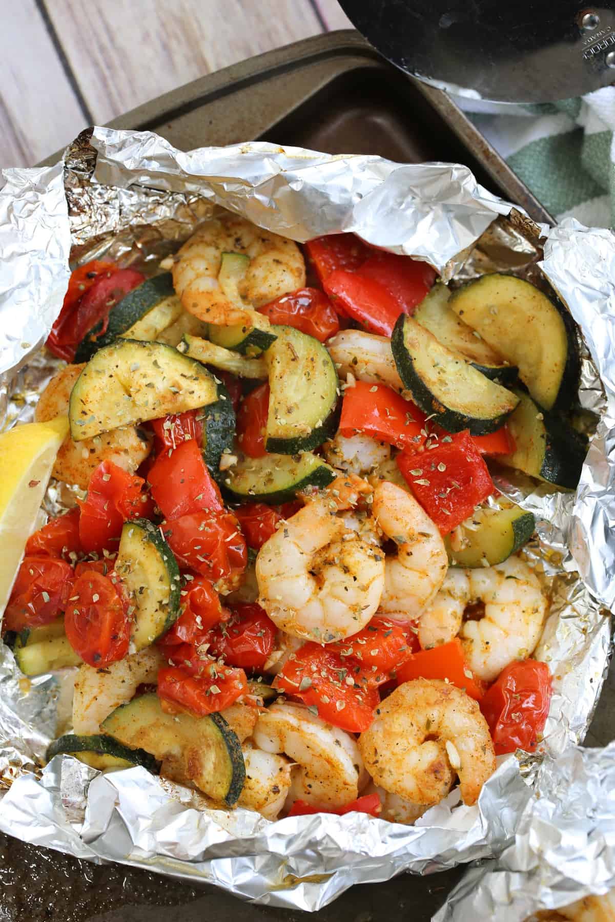 shrimp and summer vegetables in a foil package