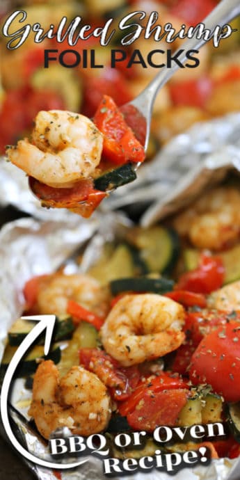 shrimp and fresh vegetables in foil packs with spices and fresh lemon wedge.