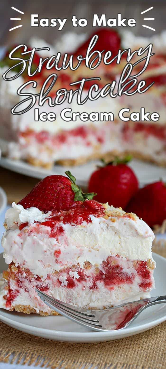 a slice of strawberry ice cream cake with text