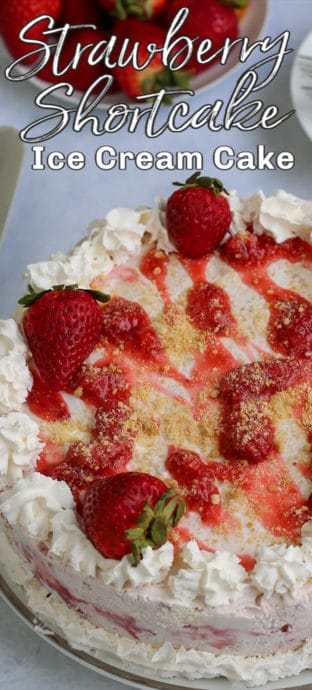 a whole strawberry ice cream cake with text