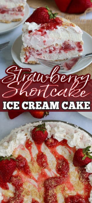 two photos of strawberry ice cream cake with text in the middle