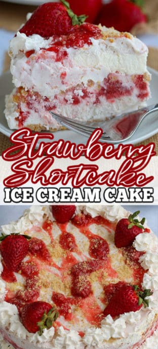 two photos of ice cream cake with text