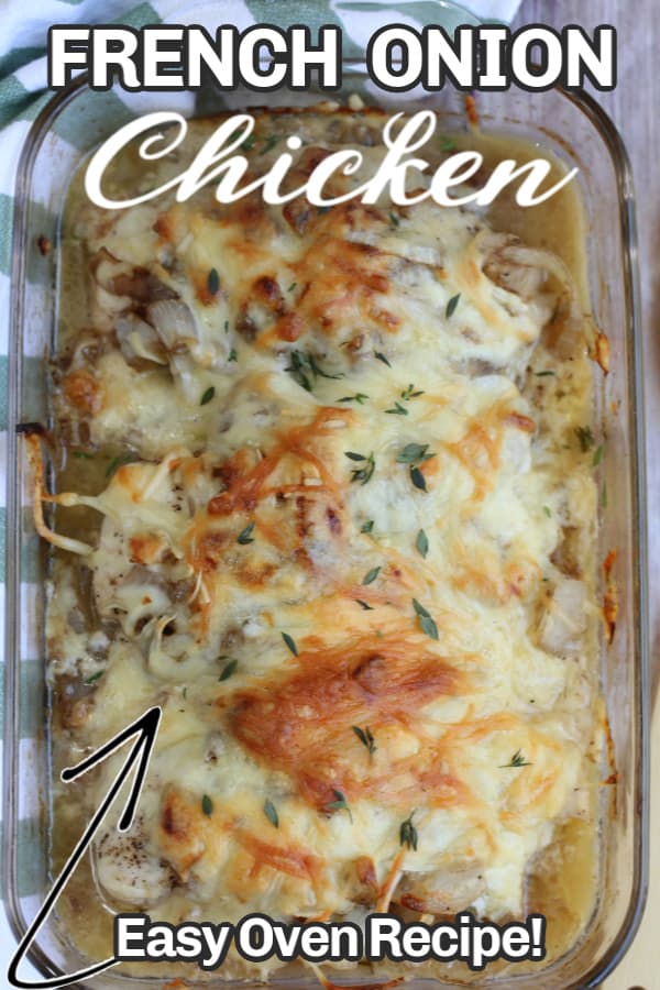 chicken onions and cheese in a casserole dish with text