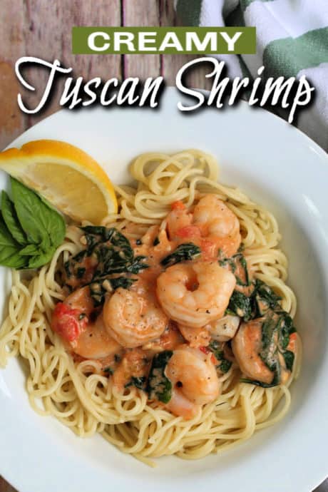 tuscan shrimp in a white bowl with text