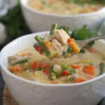 chicken stew being lifted out of a bowl on a spoon