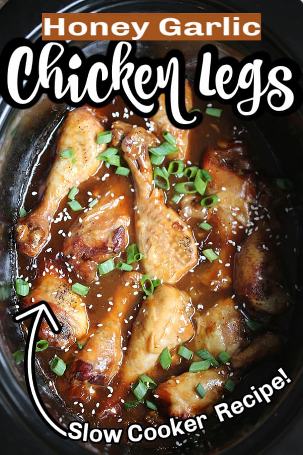 chicken legs in a slow cooker with text