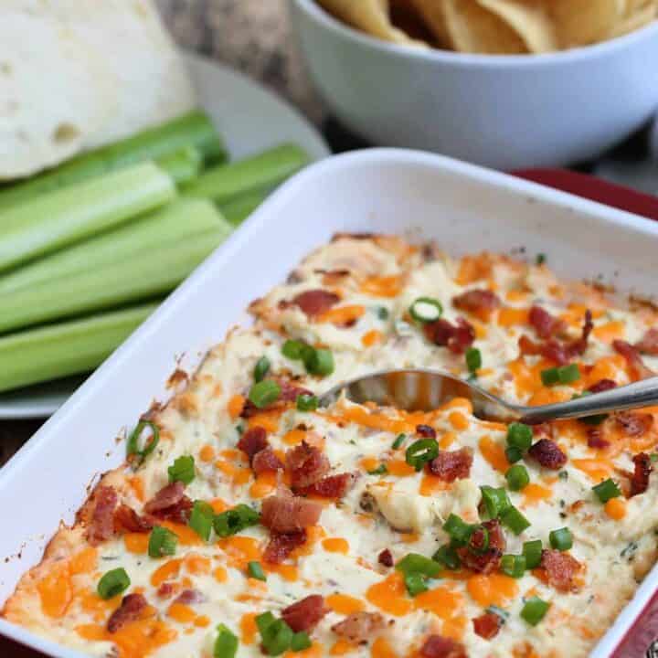 warm chicken dip in a dish on a table