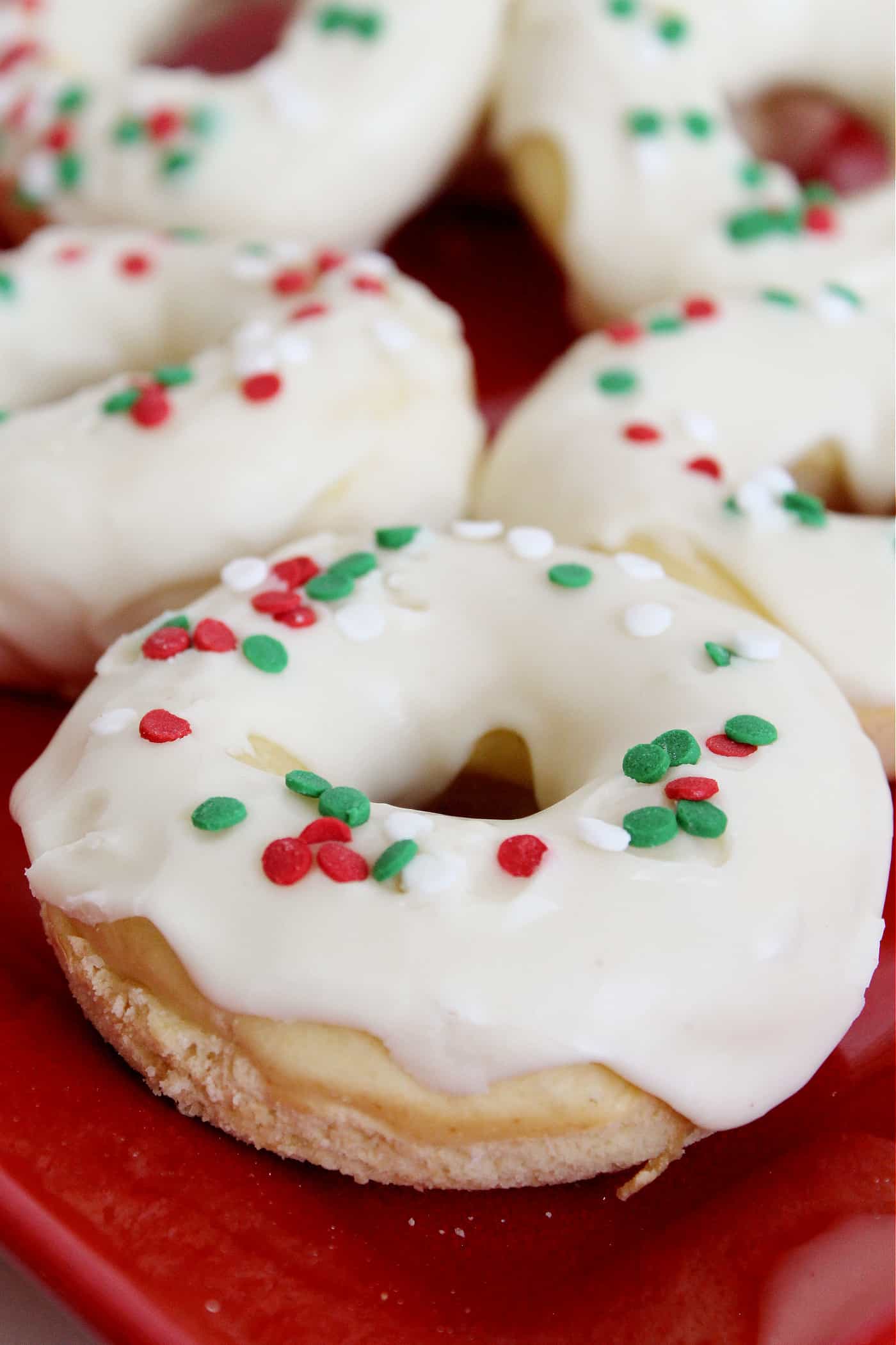 eggnog donuts on a red plate