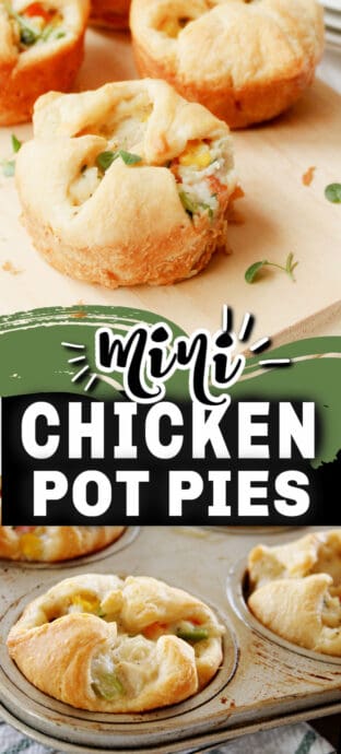 mini pot pies on a board and in a muffing tin with text