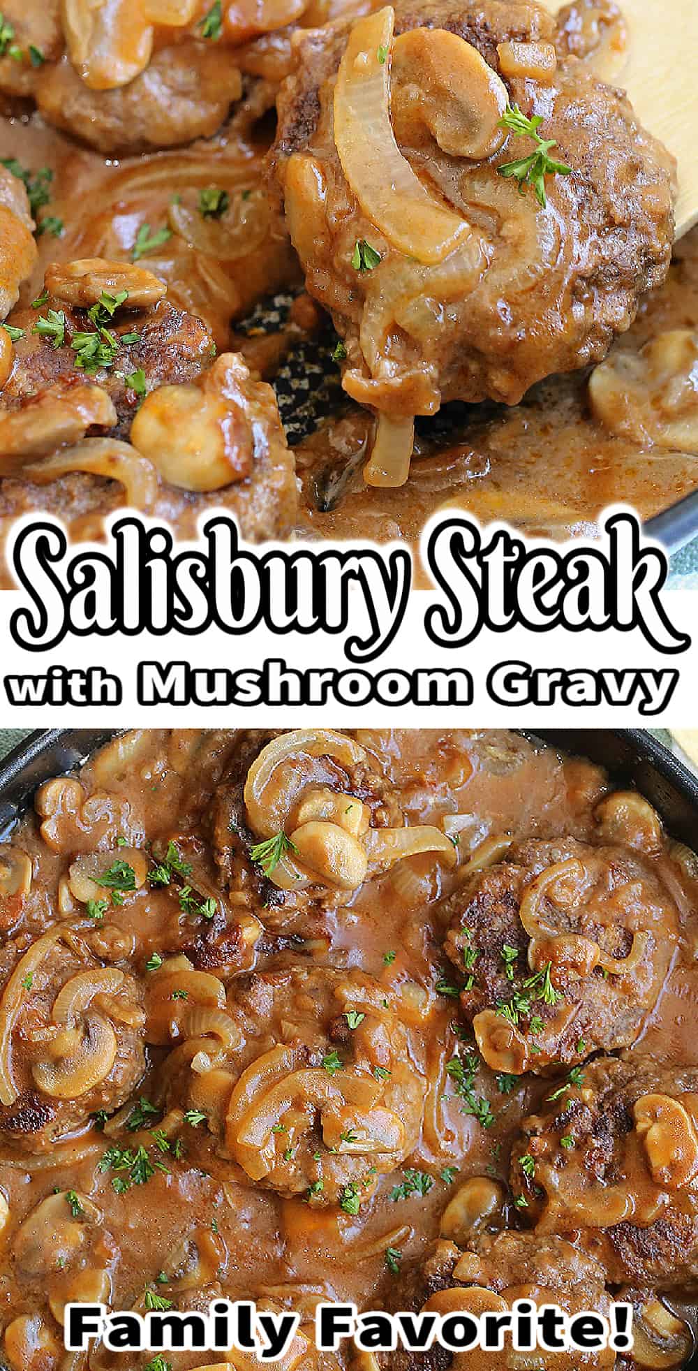 salisbury steak with mushroom and onion gravy with text