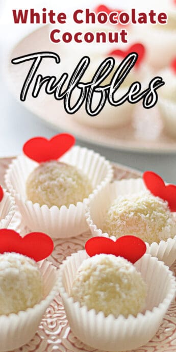 white chocolate coconut truffles on a plate with text