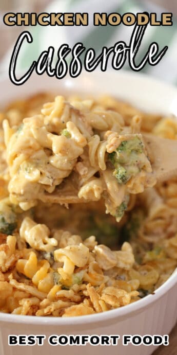 chicken noodle casserole in a dish with text