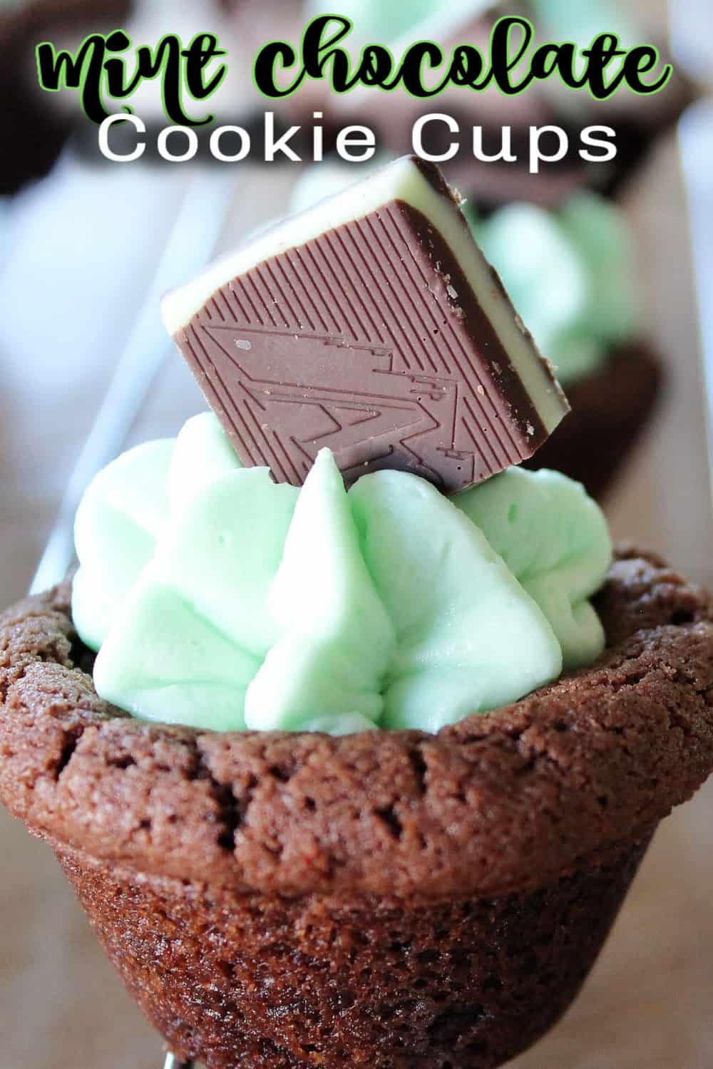 mint chocolate cookie cups with text