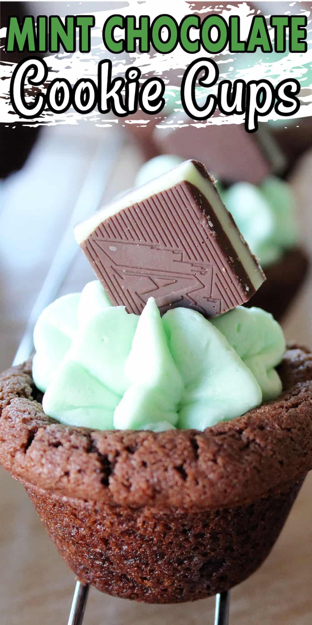 mint chocolate cookie cups with text