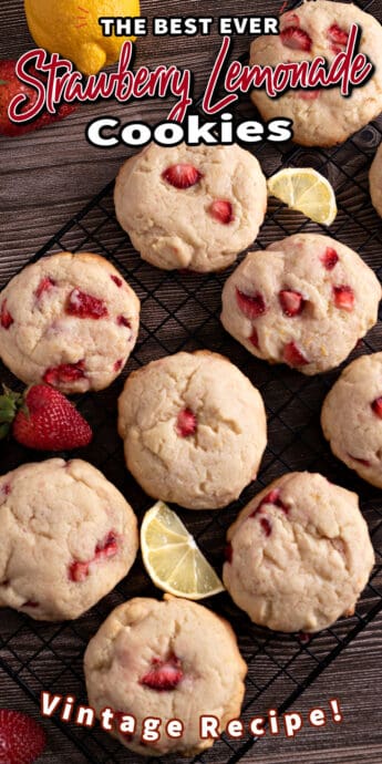 strawberry lemonade cream cheese cookies with text