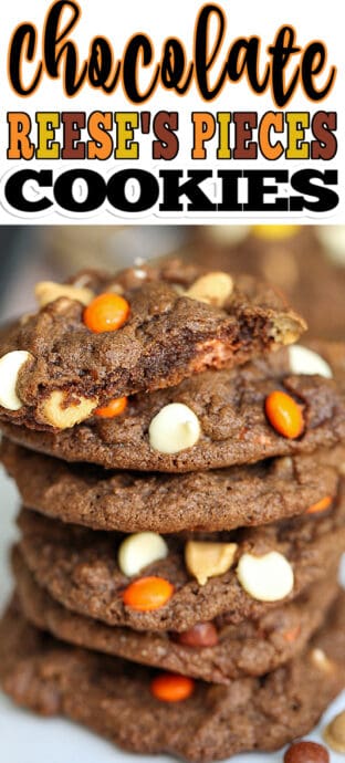 a stack of reese's pieces cookies with text