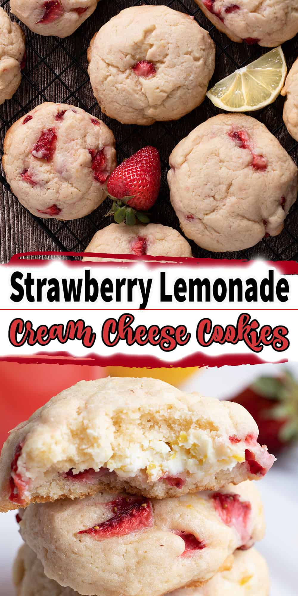 strawberry lemonade cream cheese cookies with text