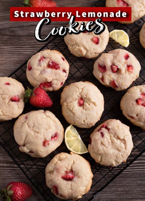 strawberry lemonade cream cheese cookies on a cooling rack with text.