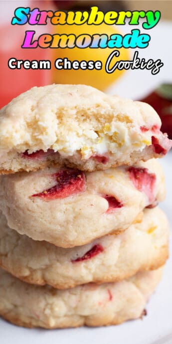 strawberry lemonade cookies stacked with text