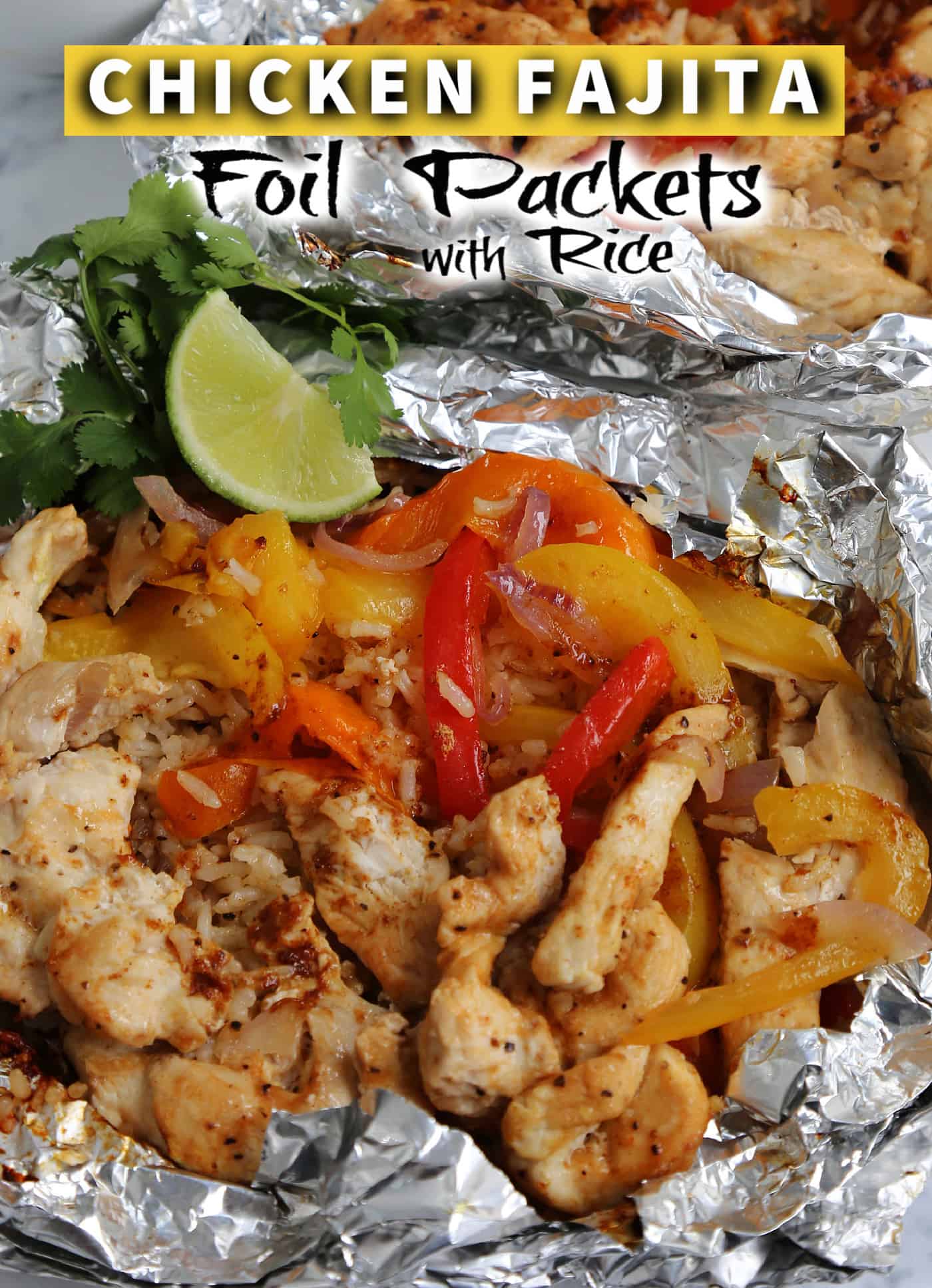 Chicken Fajita Foil Packs cooked on the grill with text