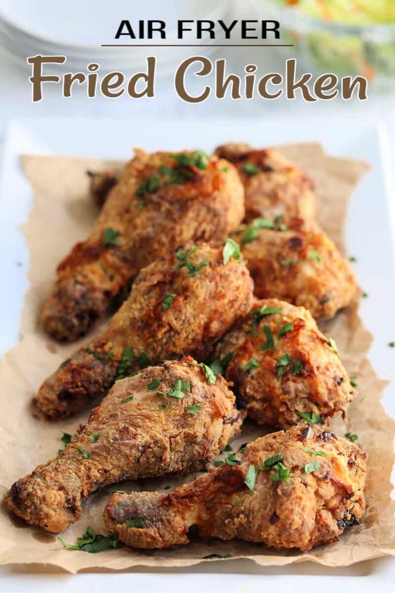fried chicken drumsticks on brown paper with text overlay