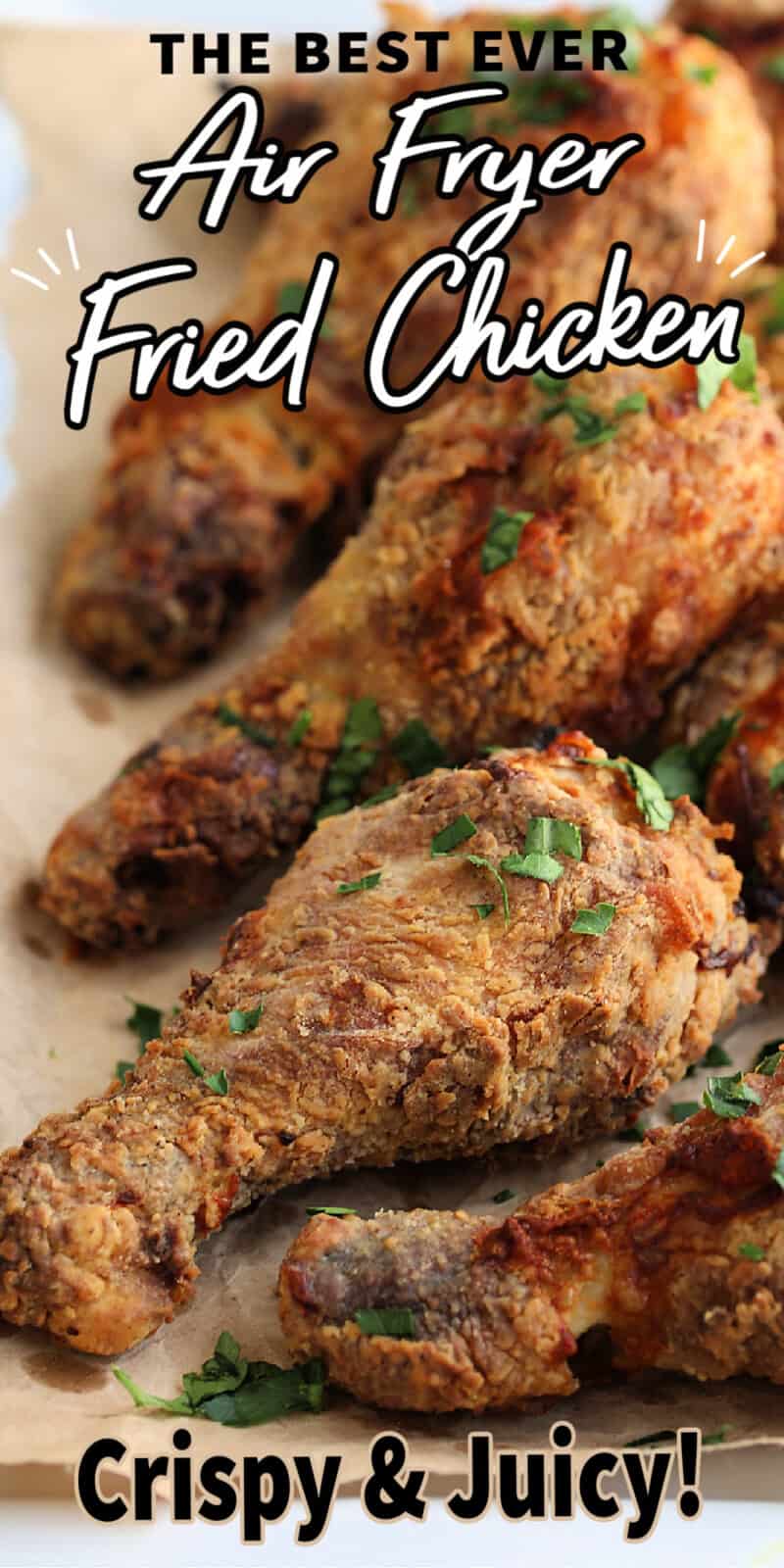 pieces of fried chicken on brown paper with text overlay