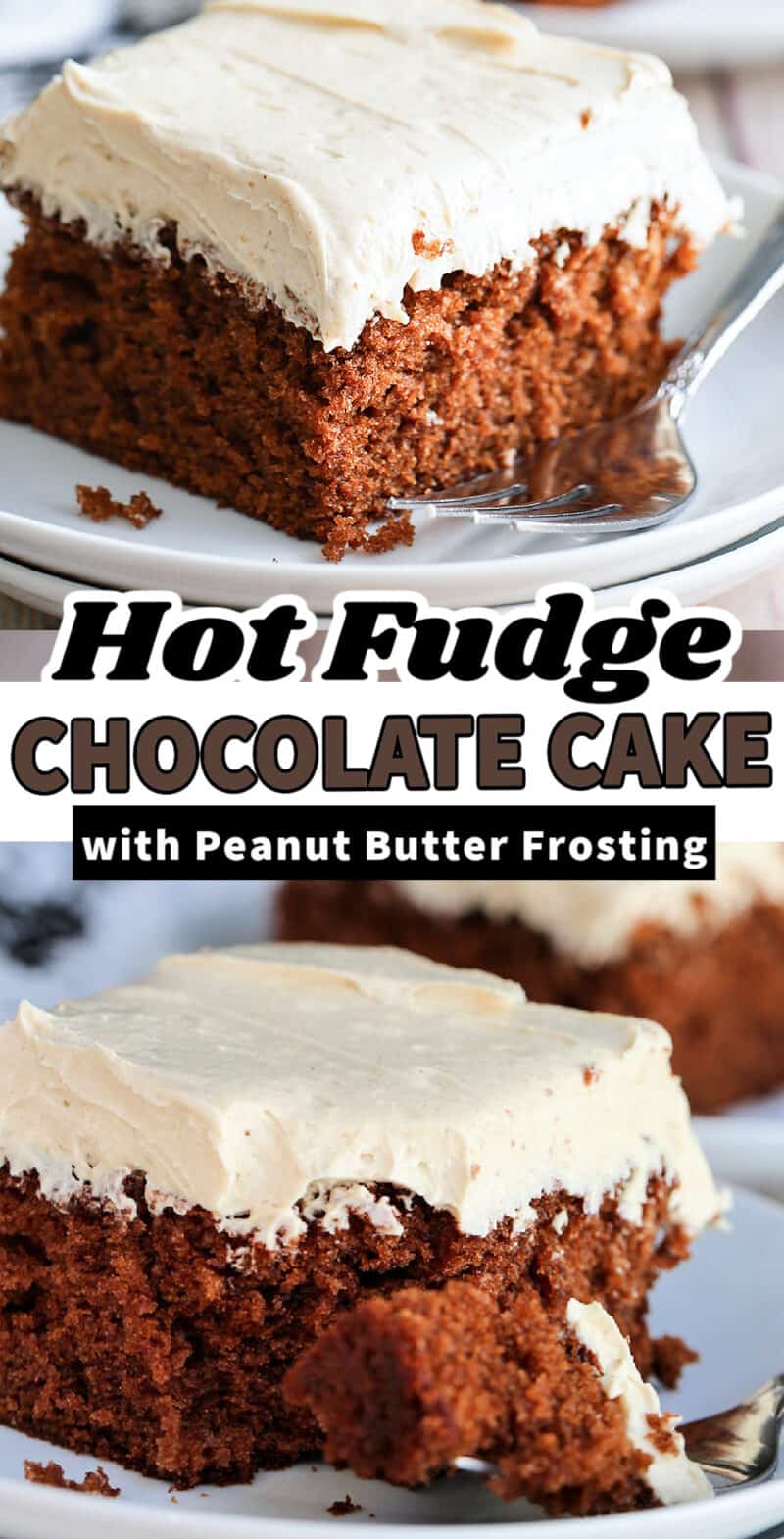 hot fudge cake on a plate with text