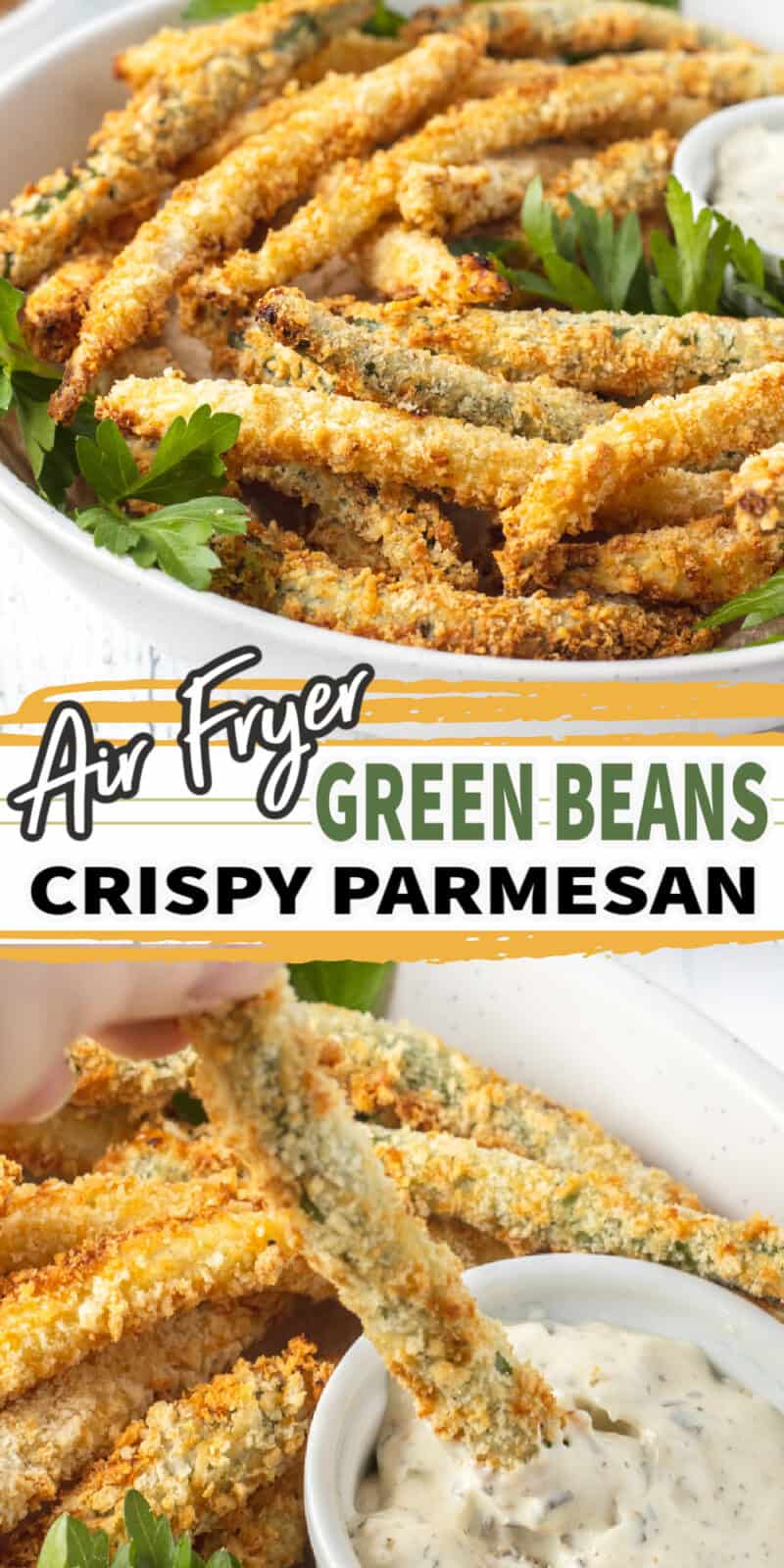 air fryer green beans in a white bowl with text