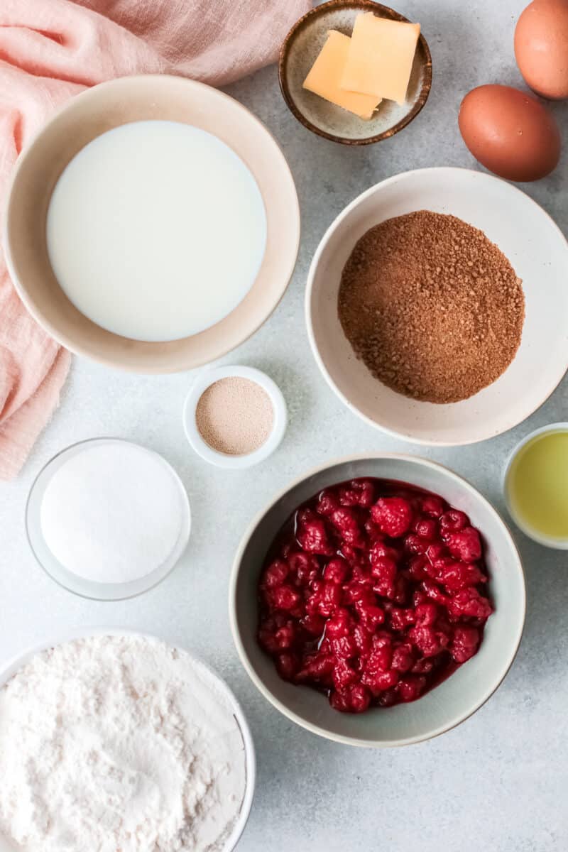 ingredients on a table to make raspberry cinnamon rolls