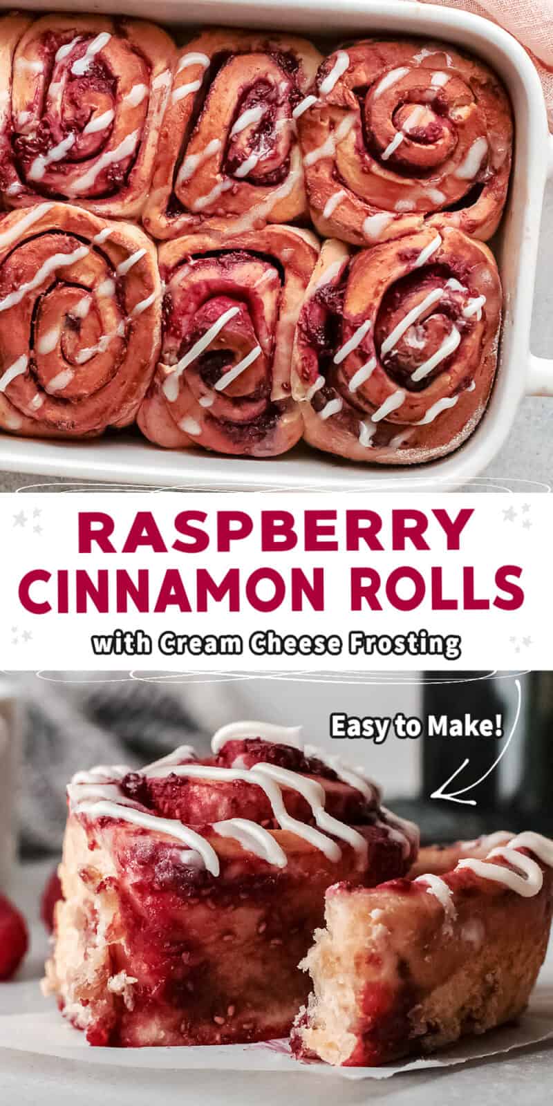 raspberry cinnamon rolls with cream cheese frosting with text