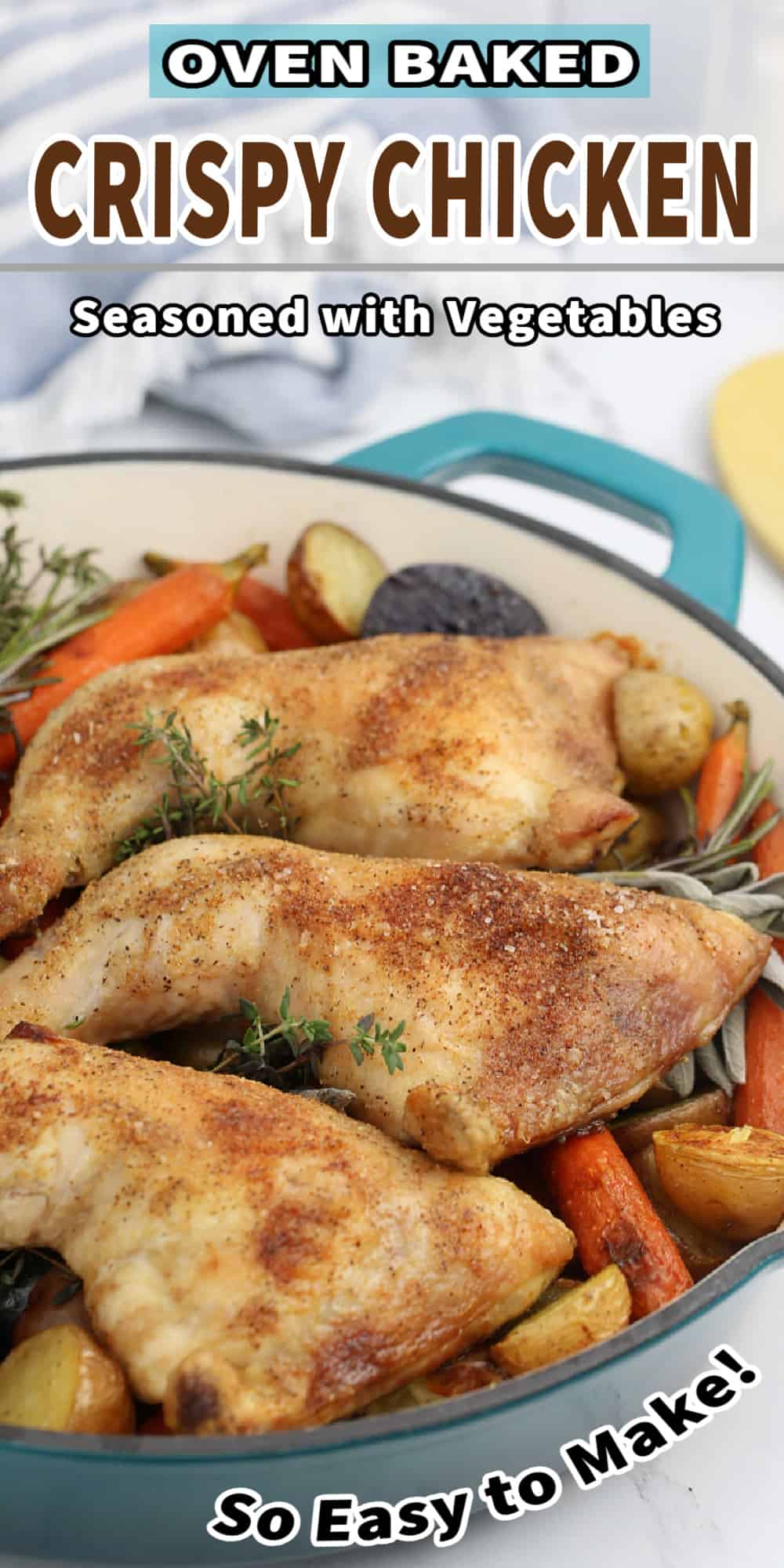 a chicken quarters and vegetable dinner in a skillet with text