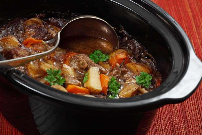 A bowl of food, with Soup and slow Cooker