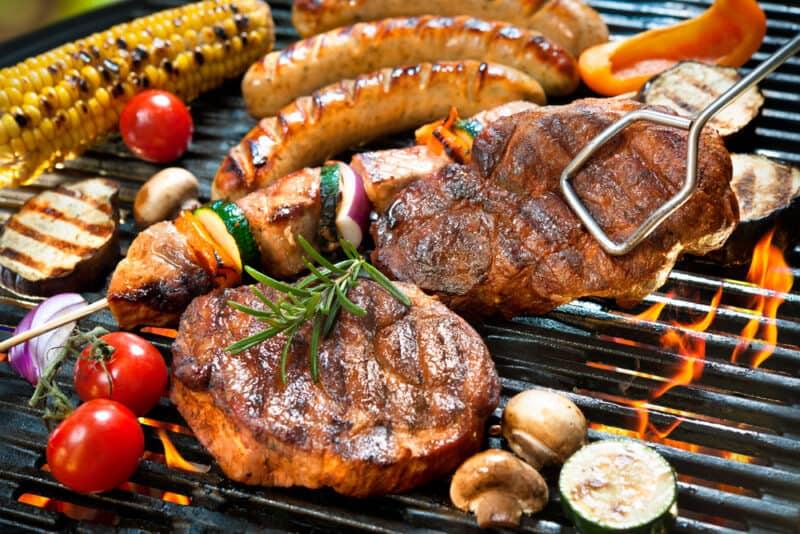 A close up of food on a grill