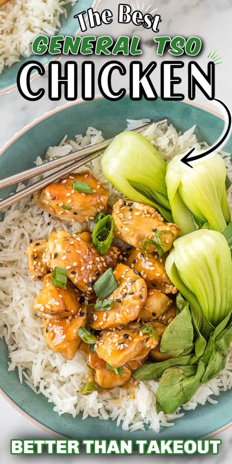 general tsos chicken in a blue bowl with rice and bok choy with text
