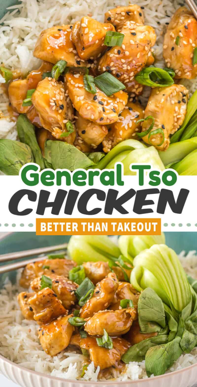 general tsos chicken in a blue bowl with rice and bok choy with text