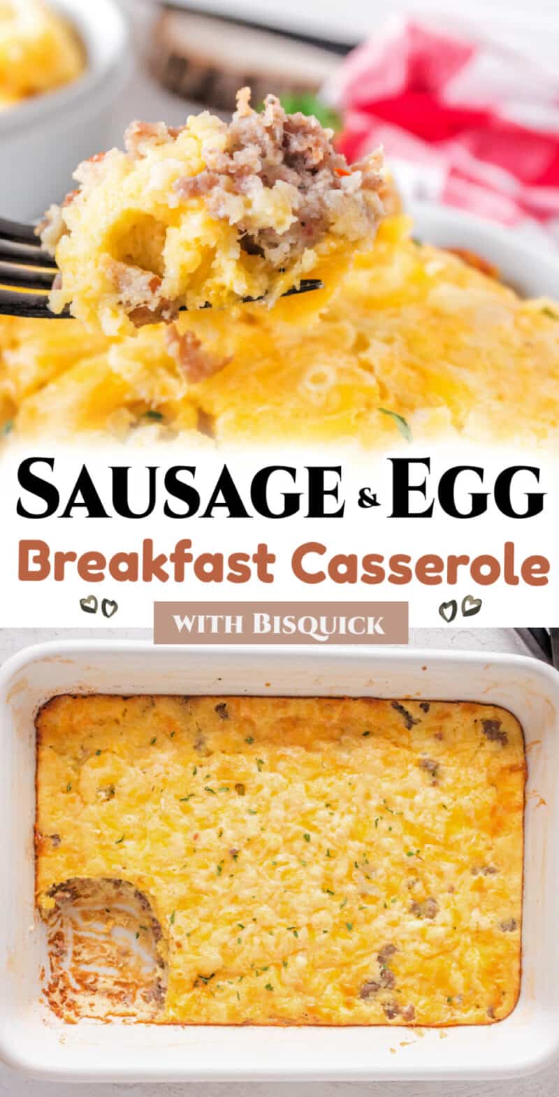 food on a fork and in a baking dish, breakfast casserole with eggs and sausage