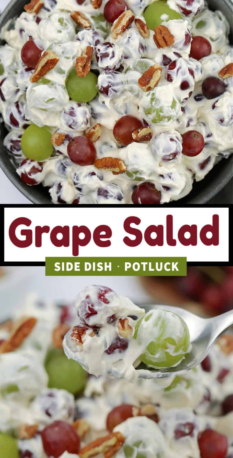 food in a bowl and on a spoon, with creamy grape salad