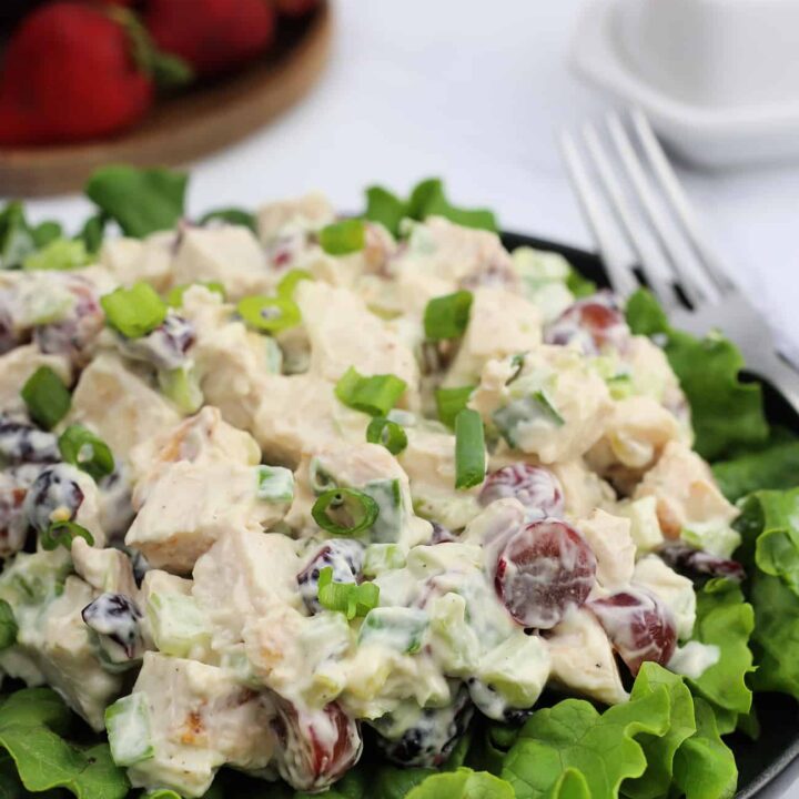 chicken salad on a bed of lettuce