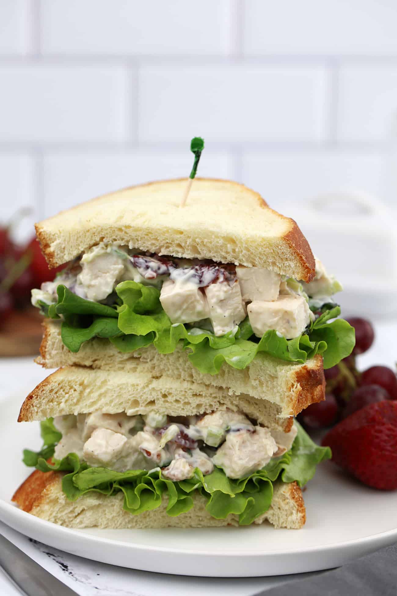 stacked chicken salad sandwich