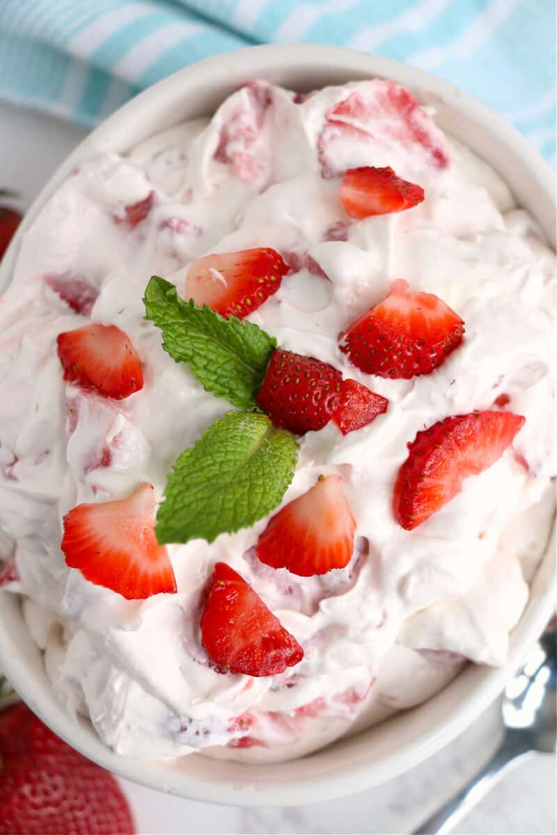 food in a bowl, with Strawberry Fluff Salad and fresh strawberries