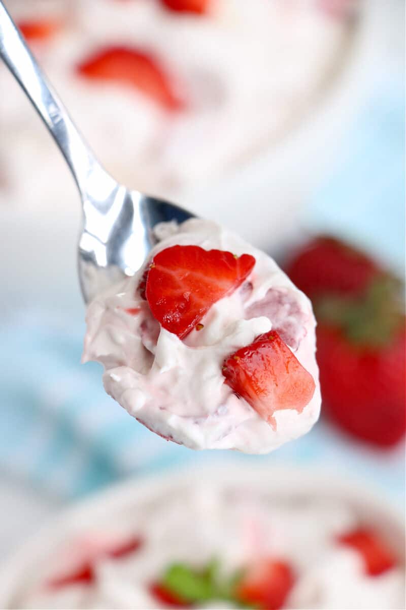 food on a spoon, with Strawberry Fluff Salad recipe