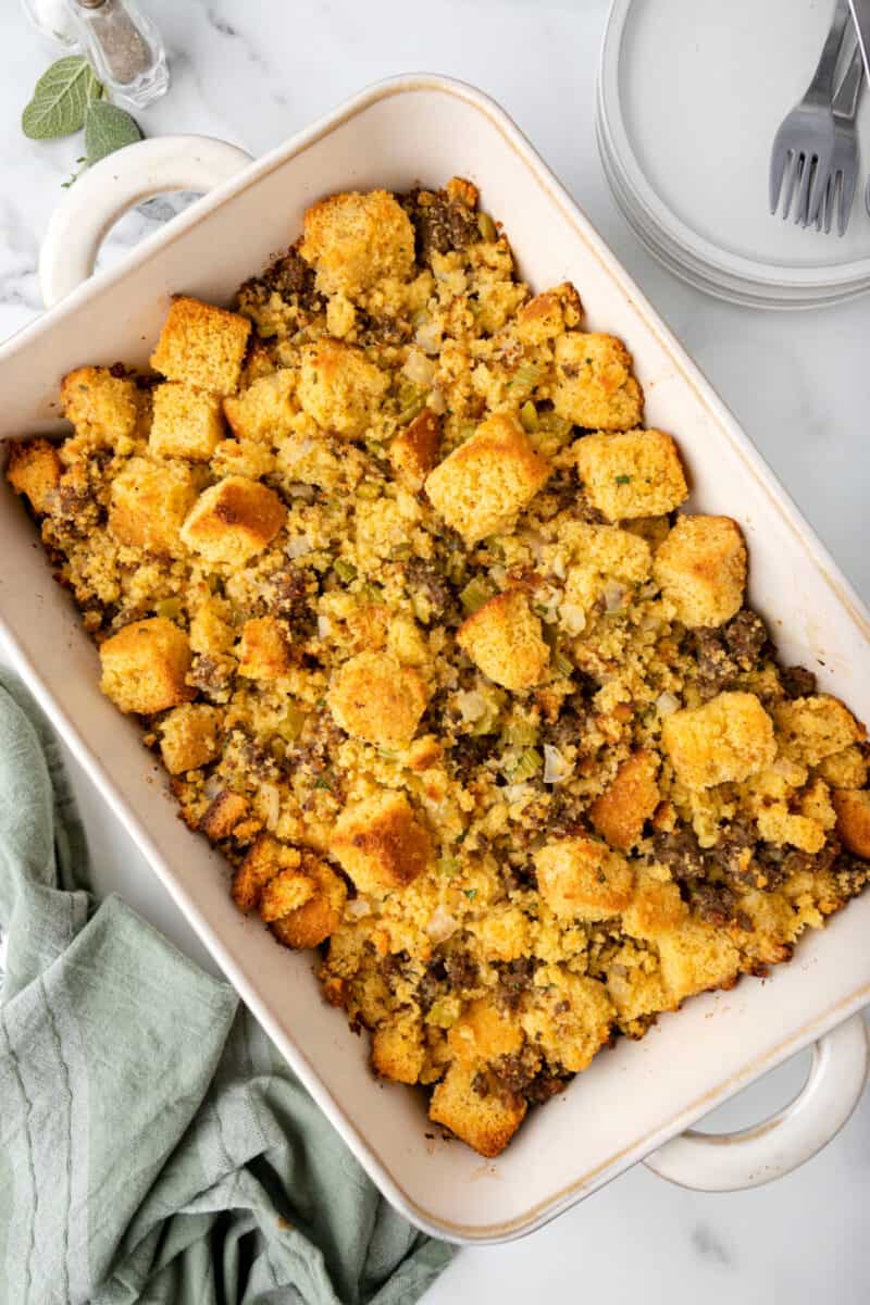 food in a baking dish, with Southern Cornbread Dressing