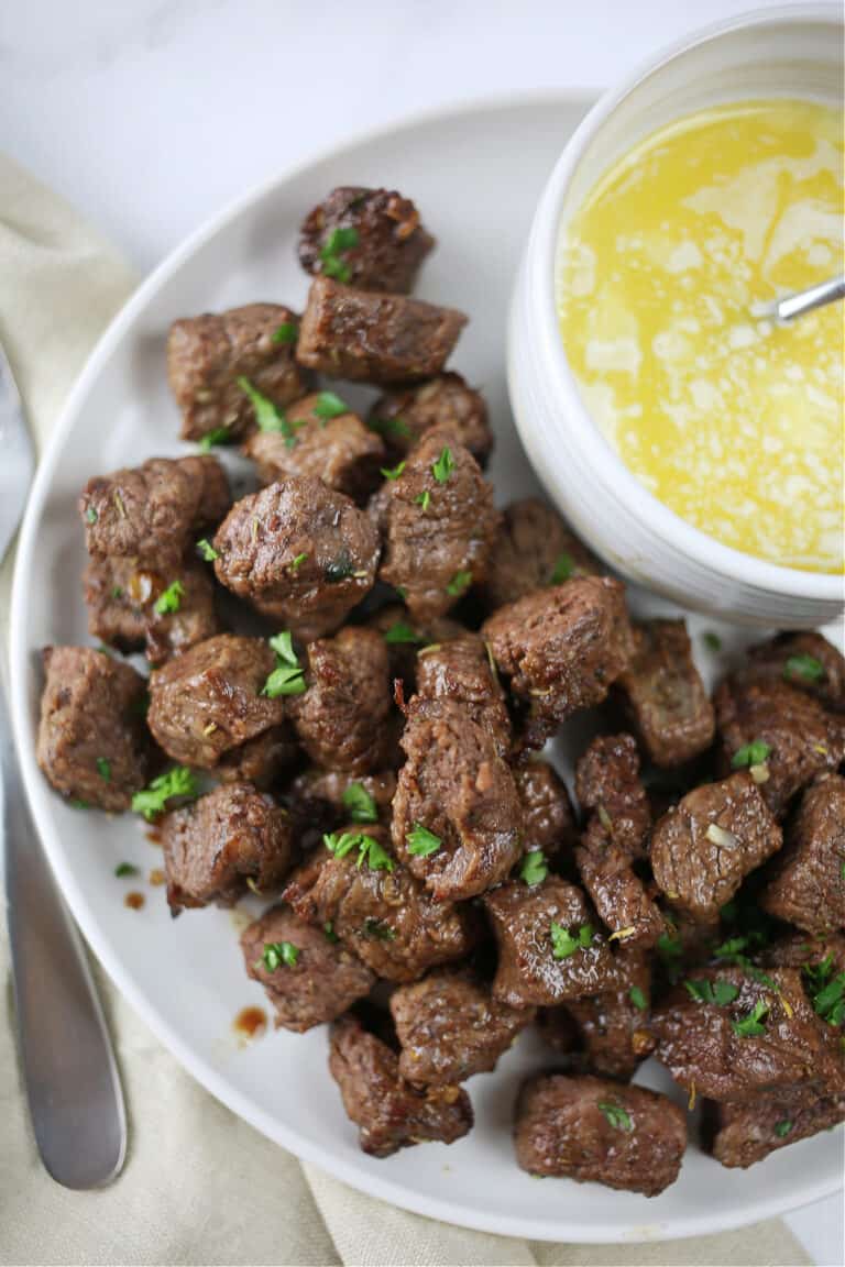 food on a plate, with Air Fryer Steak Bites