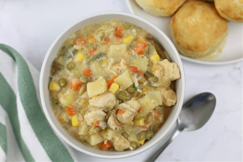 food in a bowl, with Crockpot Chicken Pot Pie