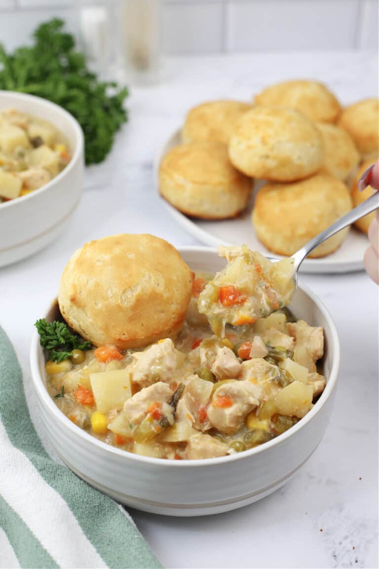 food in a bowl, with Easy Crockpot Chicken Pot Pie
