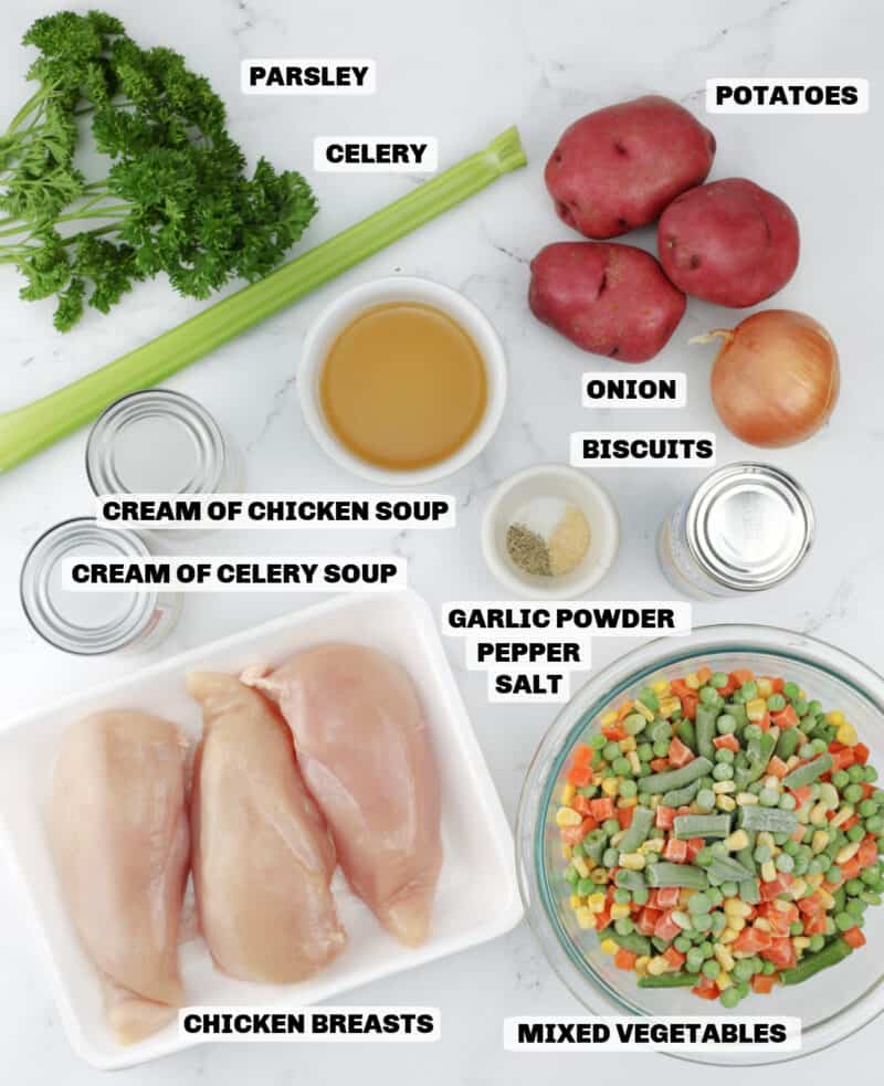 ingredients on a table, with Crockpot Chicken Pot Pie