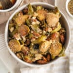 food on a table, with Roasted Brussels Sprouts with Almonds and Feta
